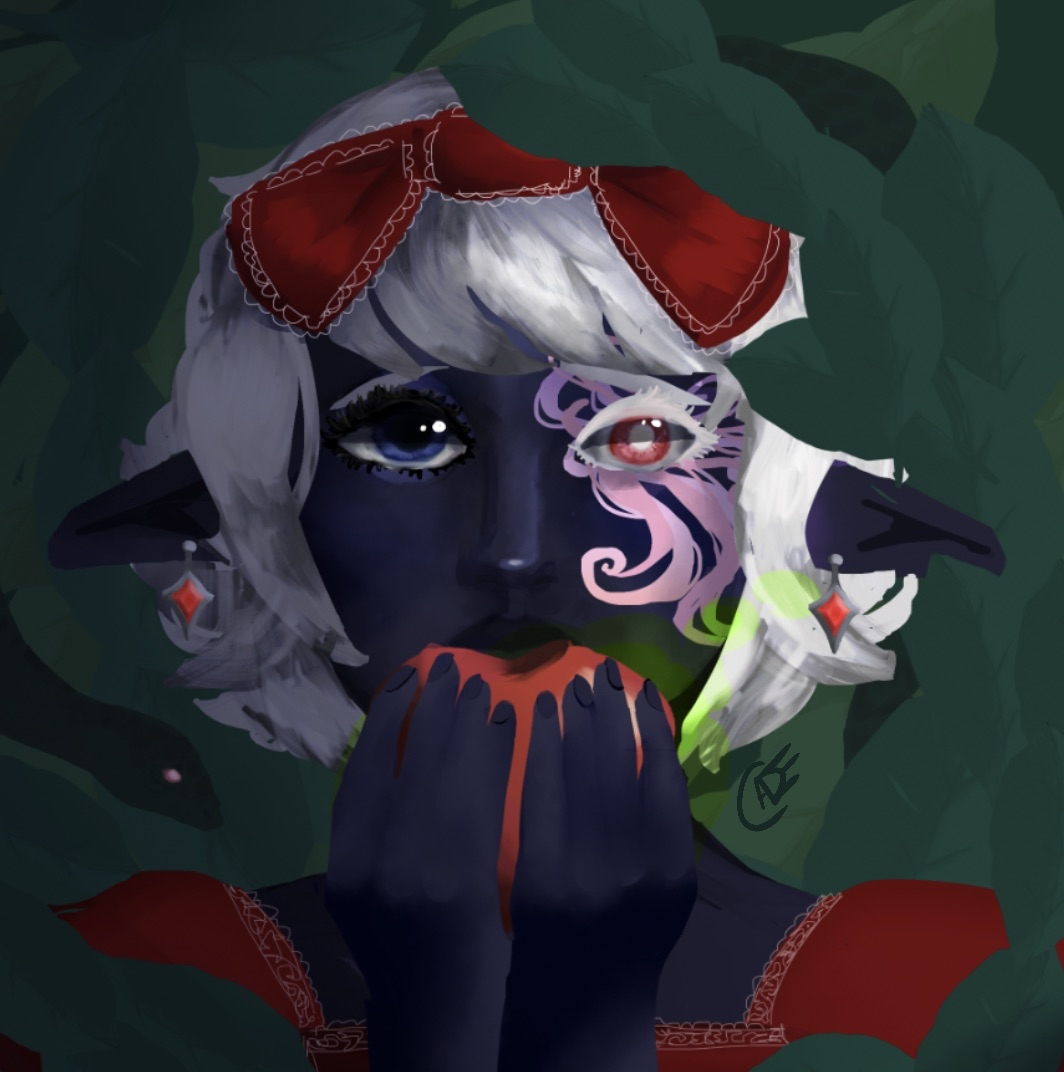 Portrait of Eris holding an apple, surrounded by leaves.