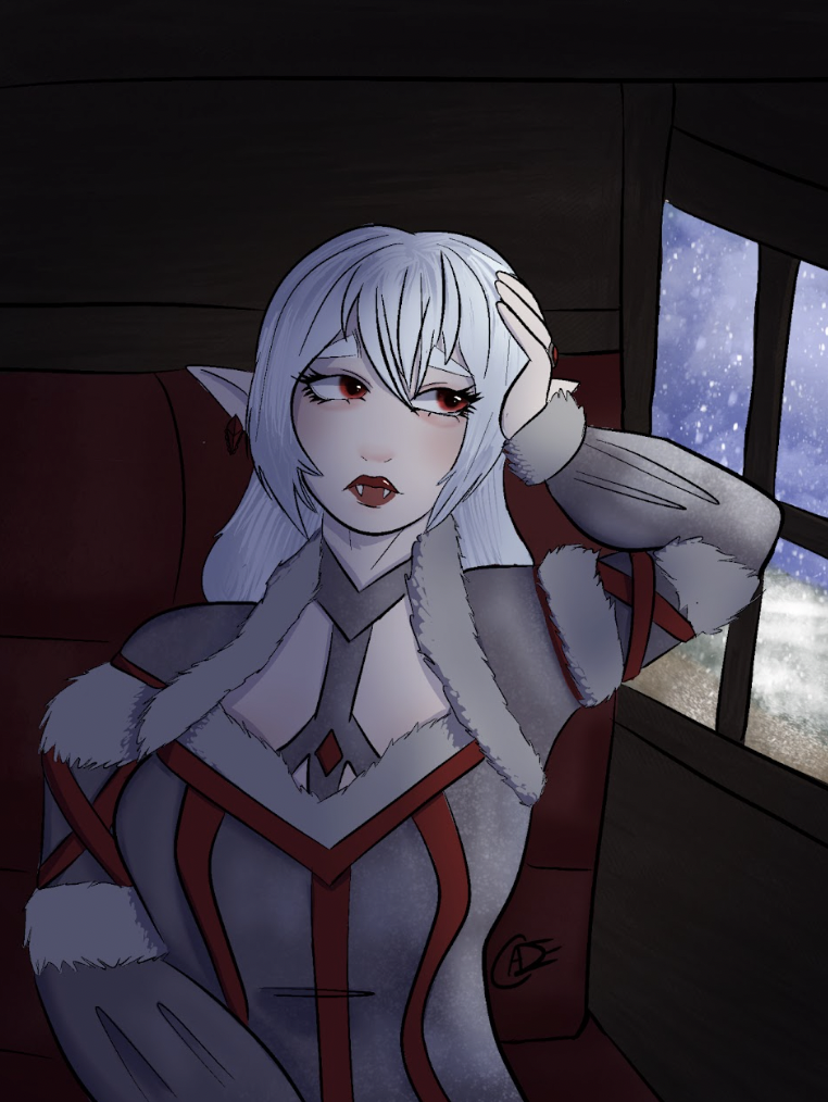 Half-body illustration of a vampire character looking out a window.