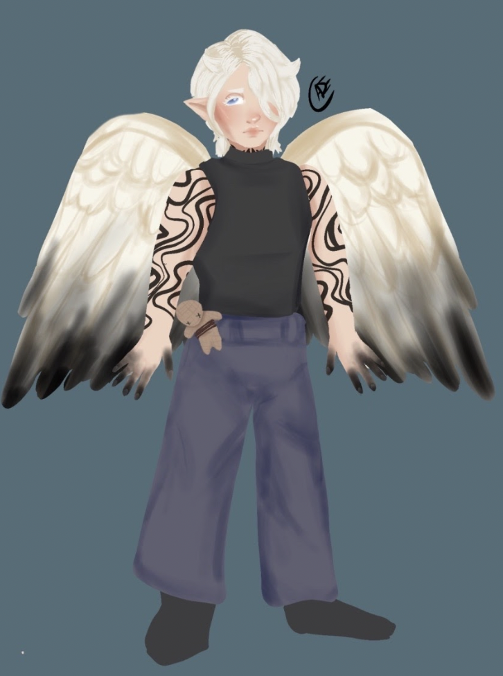 Full-body artwork of Wick with wings and tattoos.